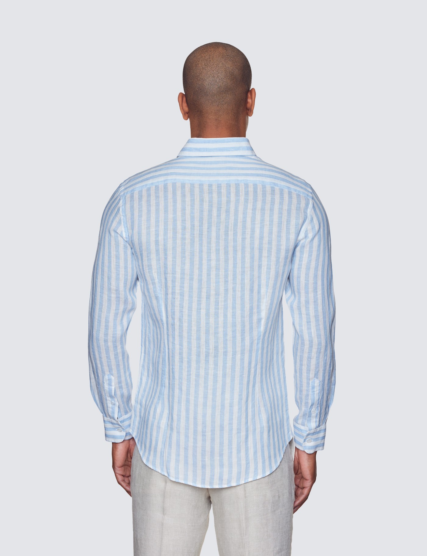 Men’s Light Blue & White Stripe Linen Relaxed Slim Fit Shirt With