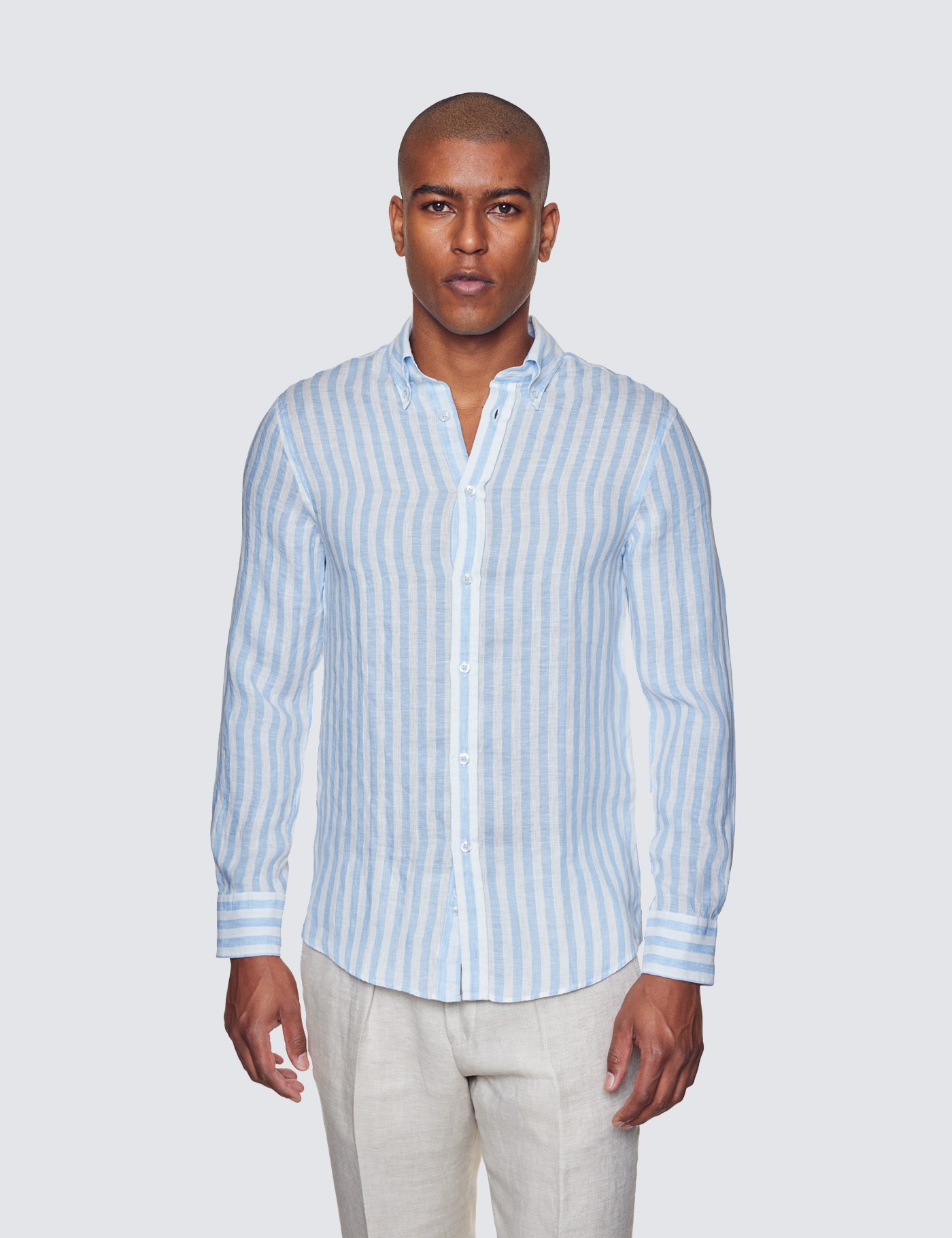 Men’s Light Blue & White Stripe Linen Relaxed Slim Fit Shirt With ...