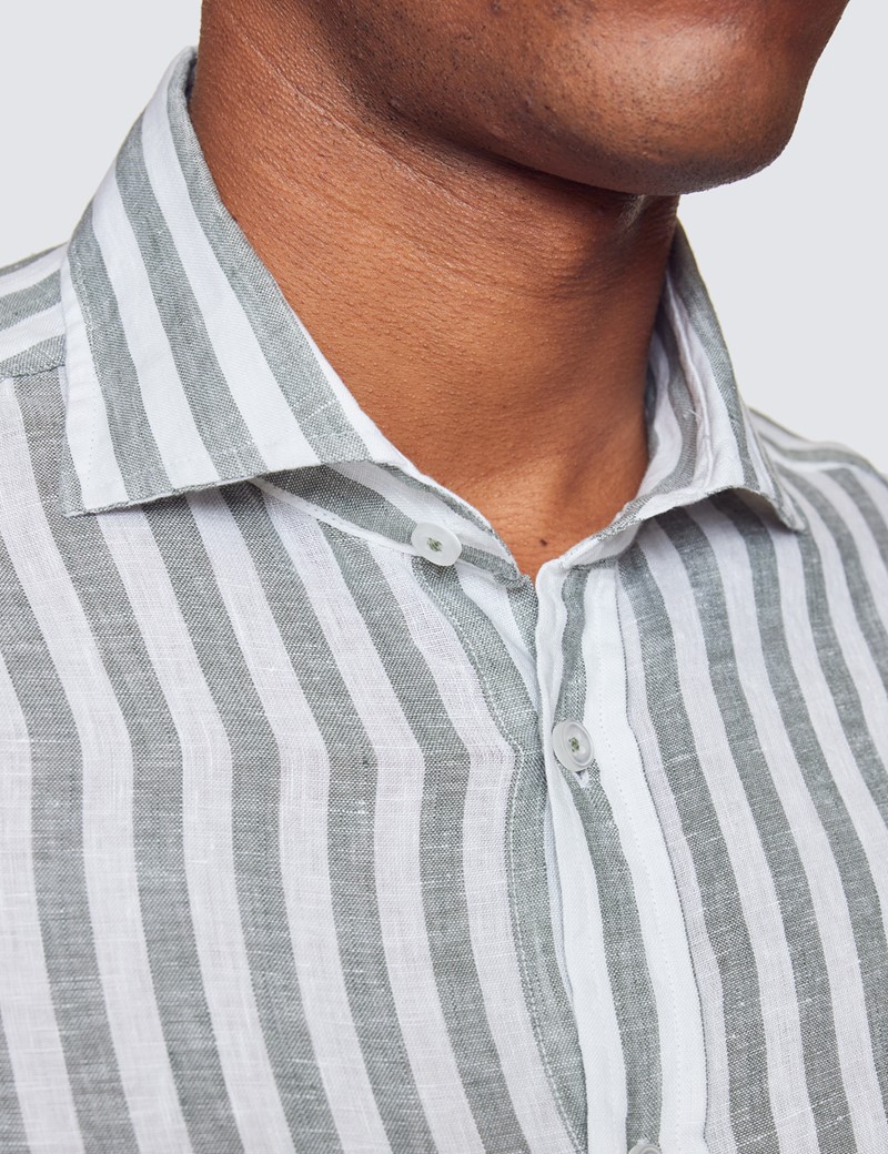 Men’s Olive & White Stripe Linen Relaxed Slim Fit Shirt With Full ...