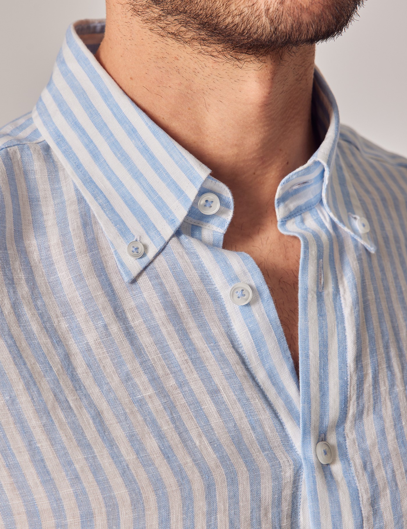 Men's Blue & White Stripe Linen Slim Shirt - Button Down Collar