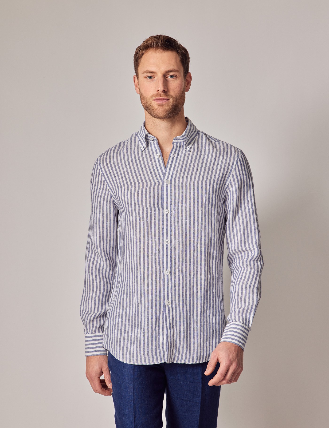 Men's Navy & White Fine Stripe Linen Slim Shirt - Button Down Collar
