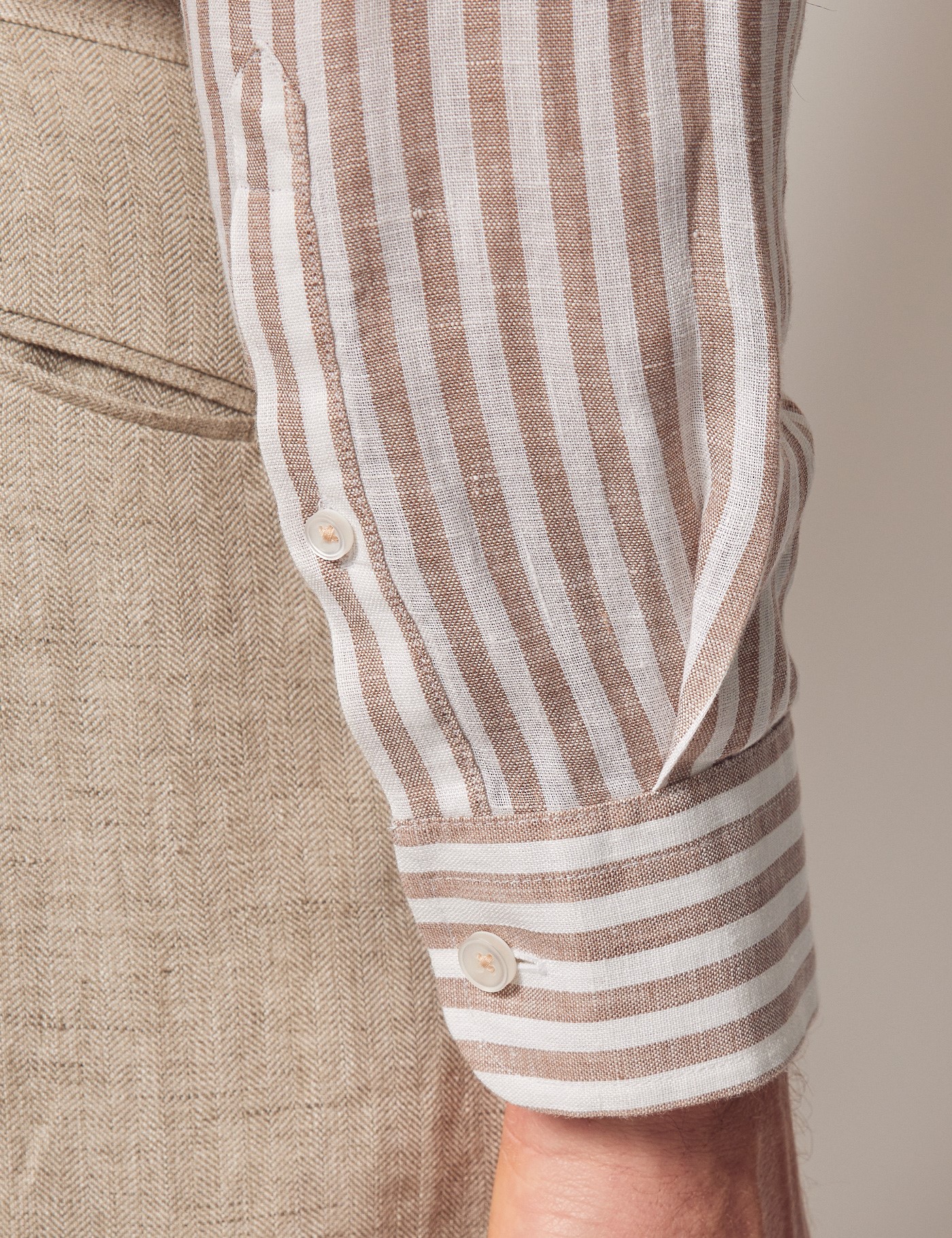 Men's Brown & White Stripe Collarless Linen Shirt