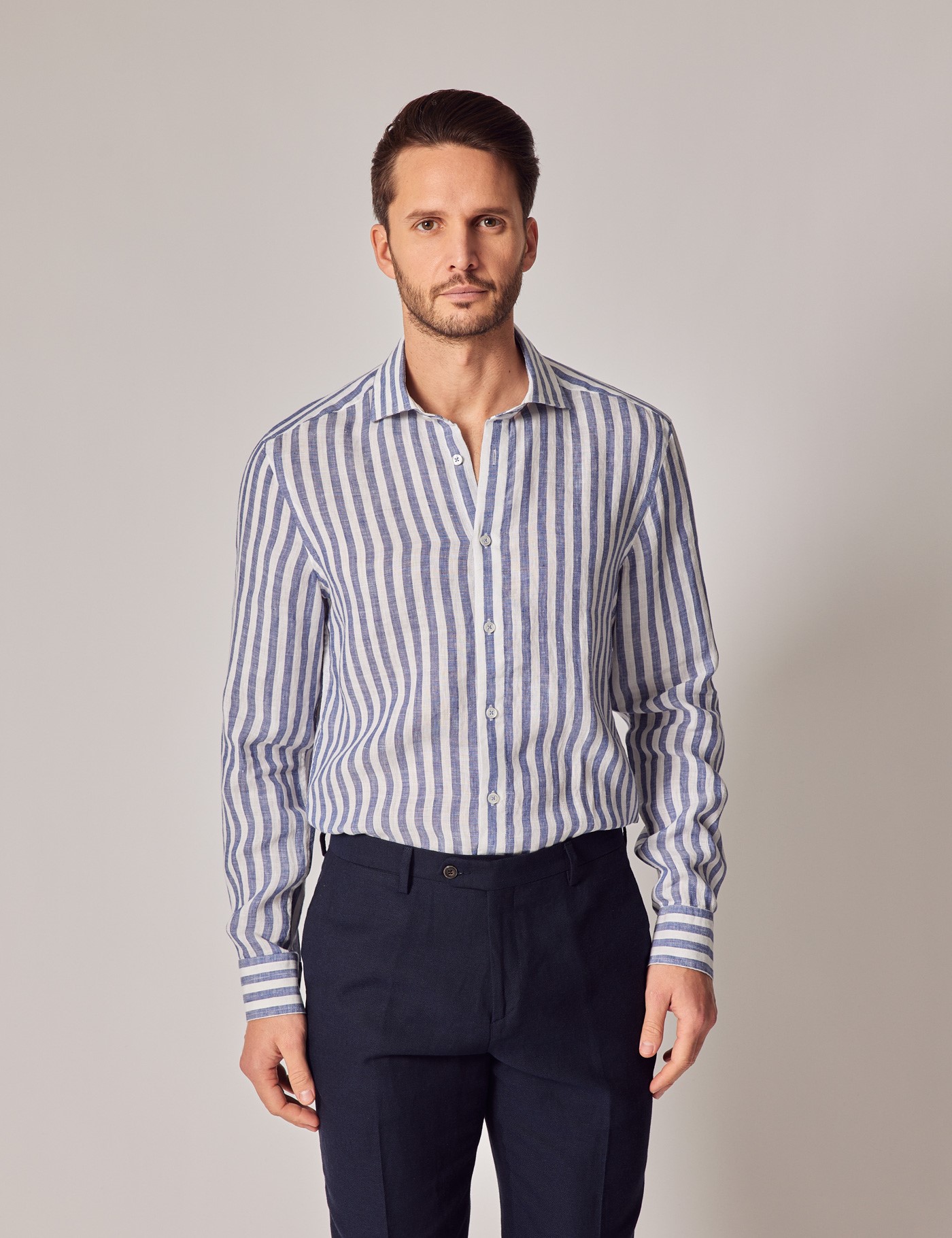 Men's Navy & White Stripe Linen Slim Shirt - Full Cutaway Collar