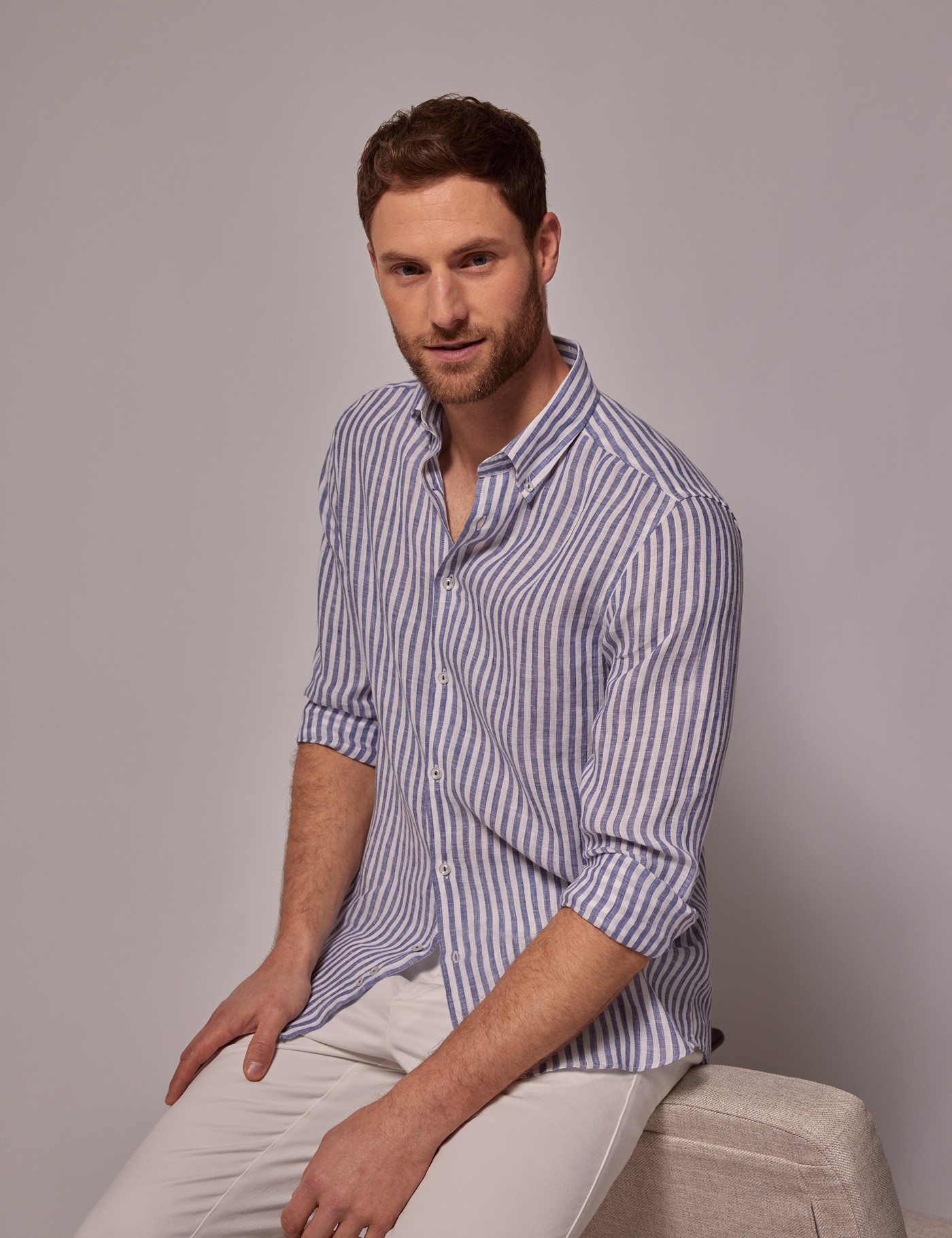 Men's Navy & White Stripe Linen Slim Shirt - Button Down Collar 