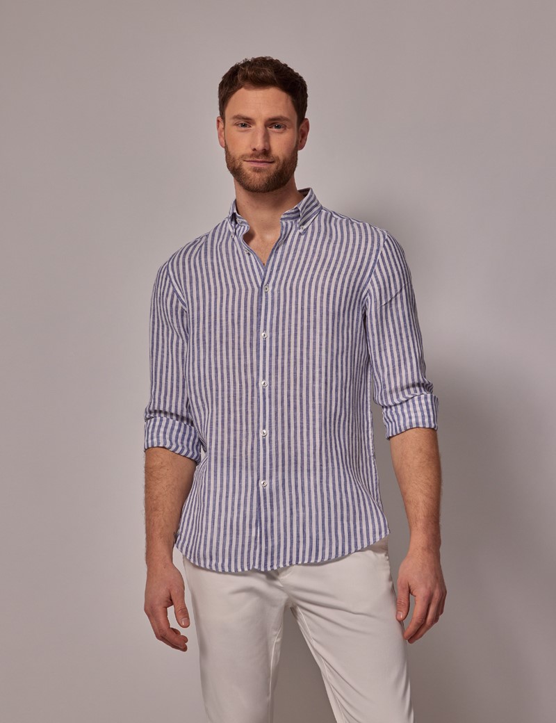 Men's Navy & White Stripe Linen Slim Shirt - Button Down Collar | Hawes ...