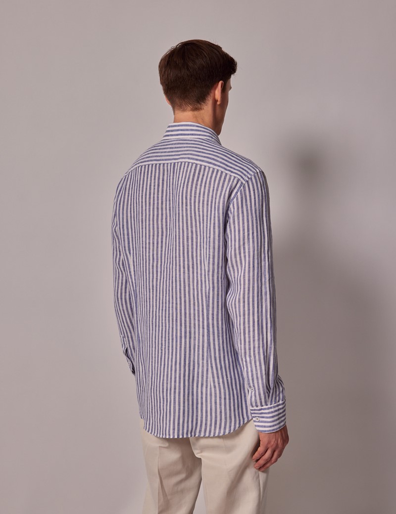 Men's Navy & White Stripe Linen Slim Shirt - Full Cutaway Collar ...