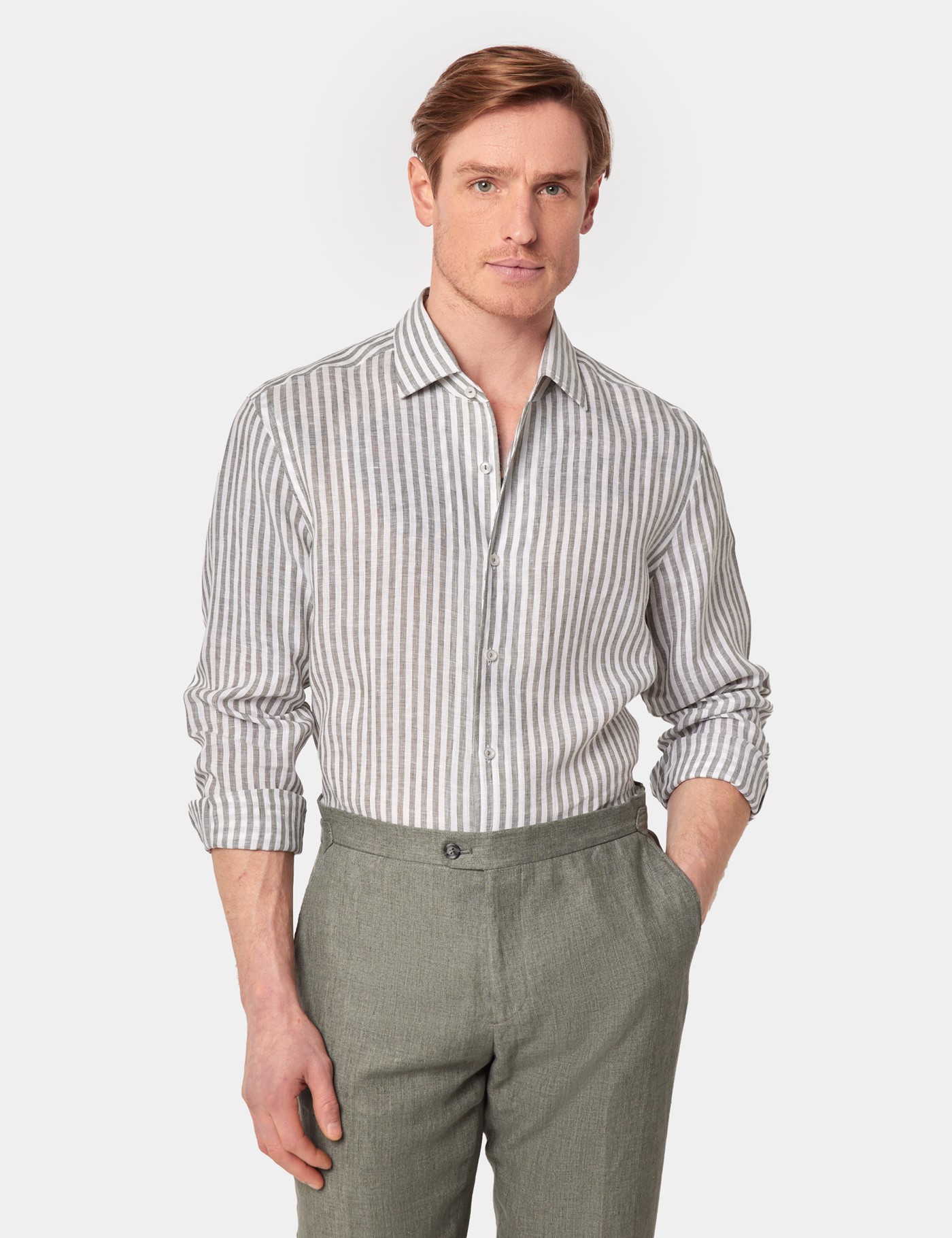 & Slim Fit Khaki & Stripe Shirt