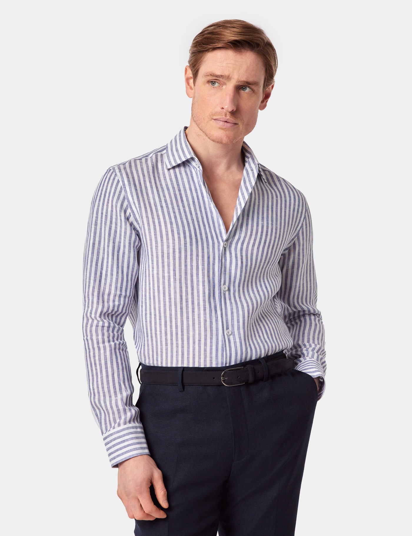 & Slim Fit Navy & Stripe Shirt