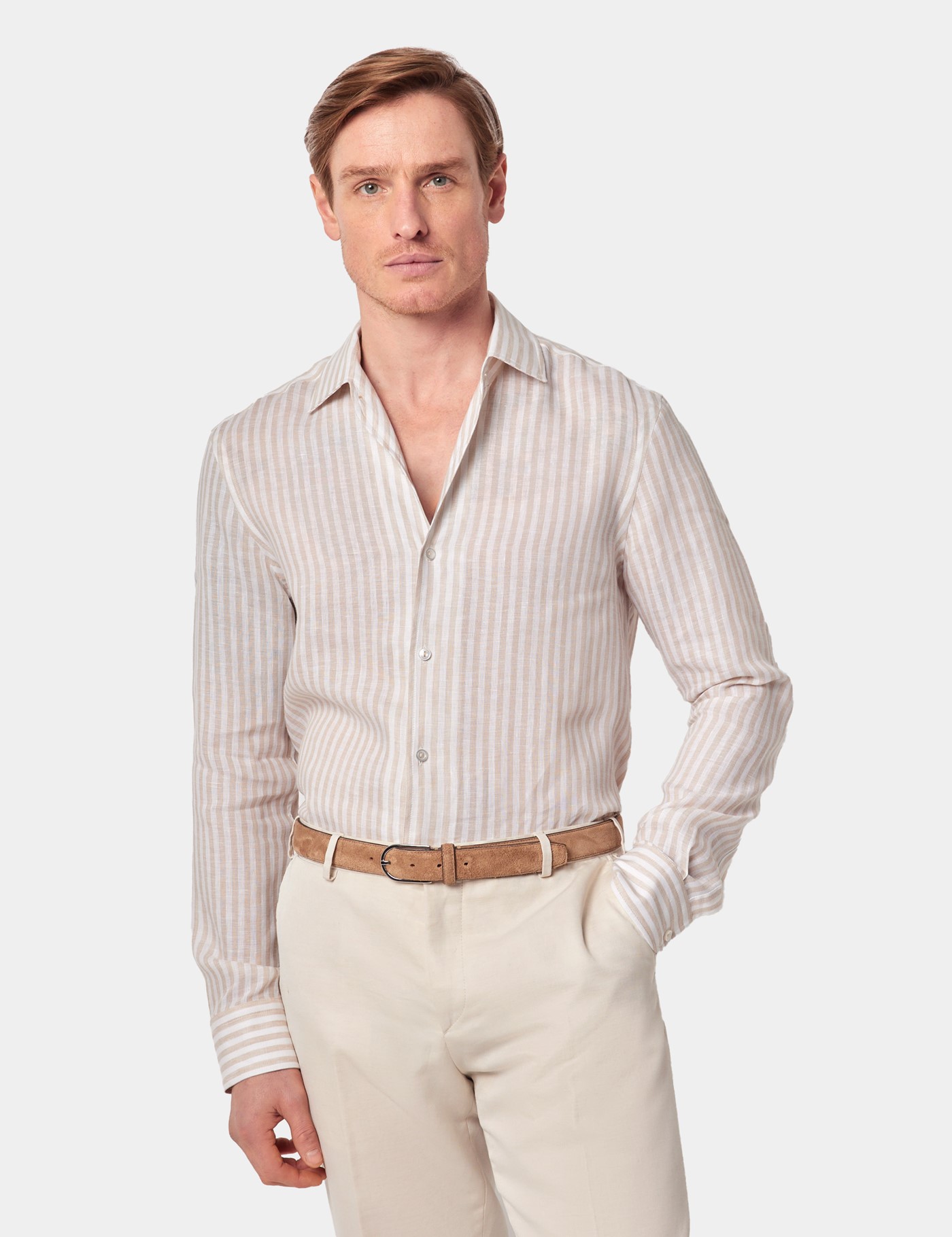 & Slim Fit Beige & Stripe Shirt