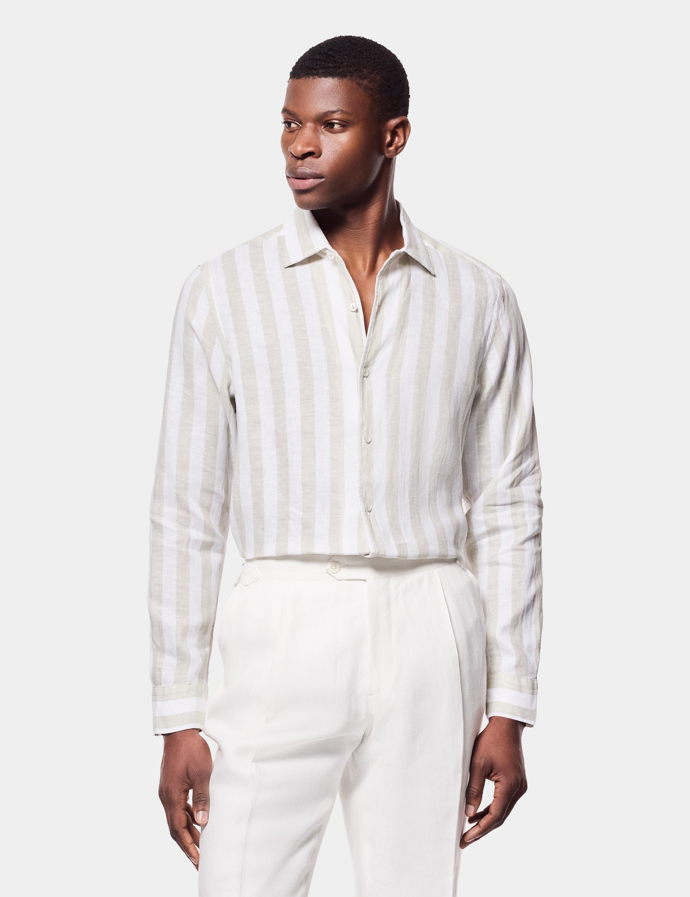 Hawes & Curtis Sage Green & White Wide Stripe Linen Shirt Size: Large | Long