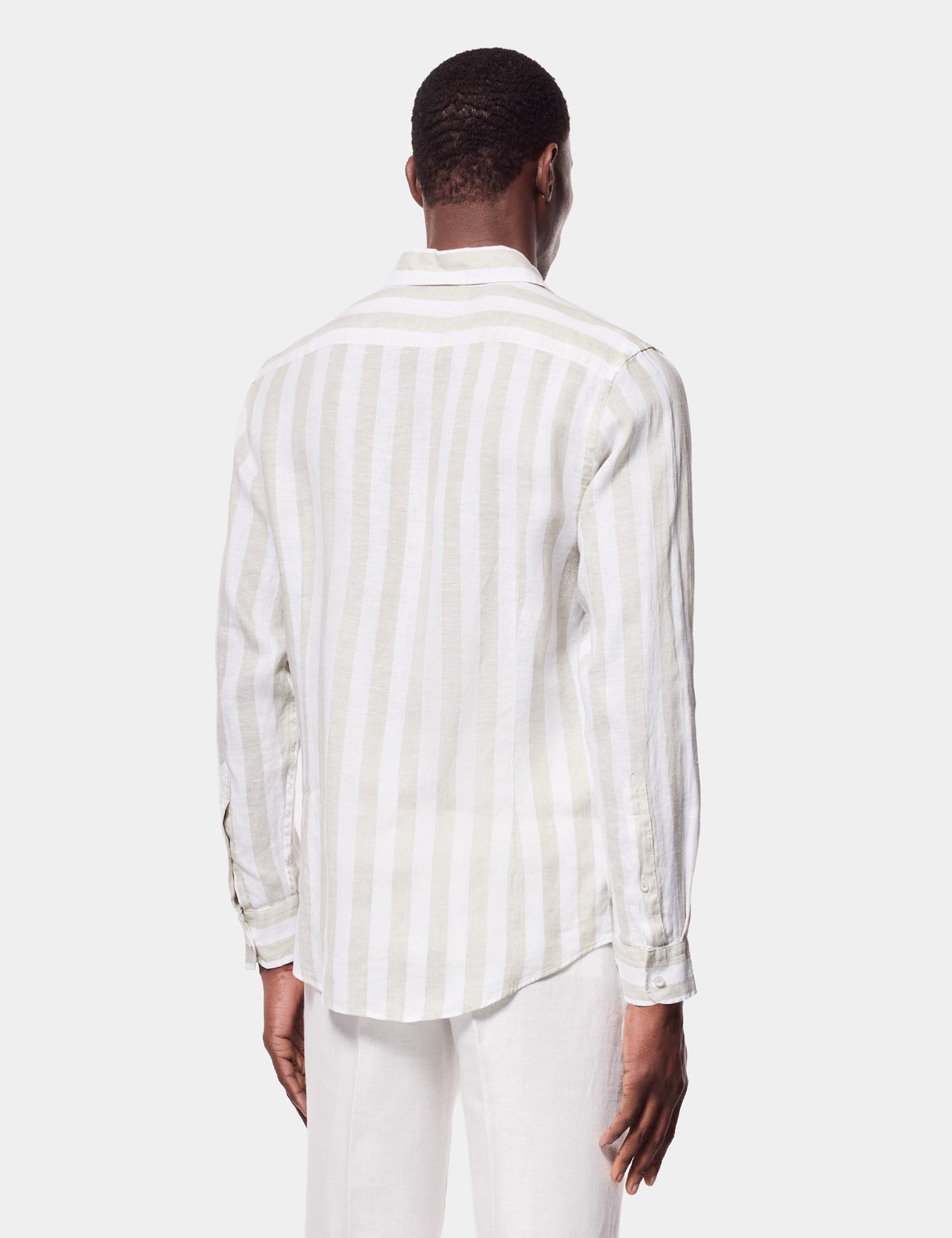 Hawes & Curtis Sage Green & White Wide Stripe Linen Shirt Size: Large | Long image 4