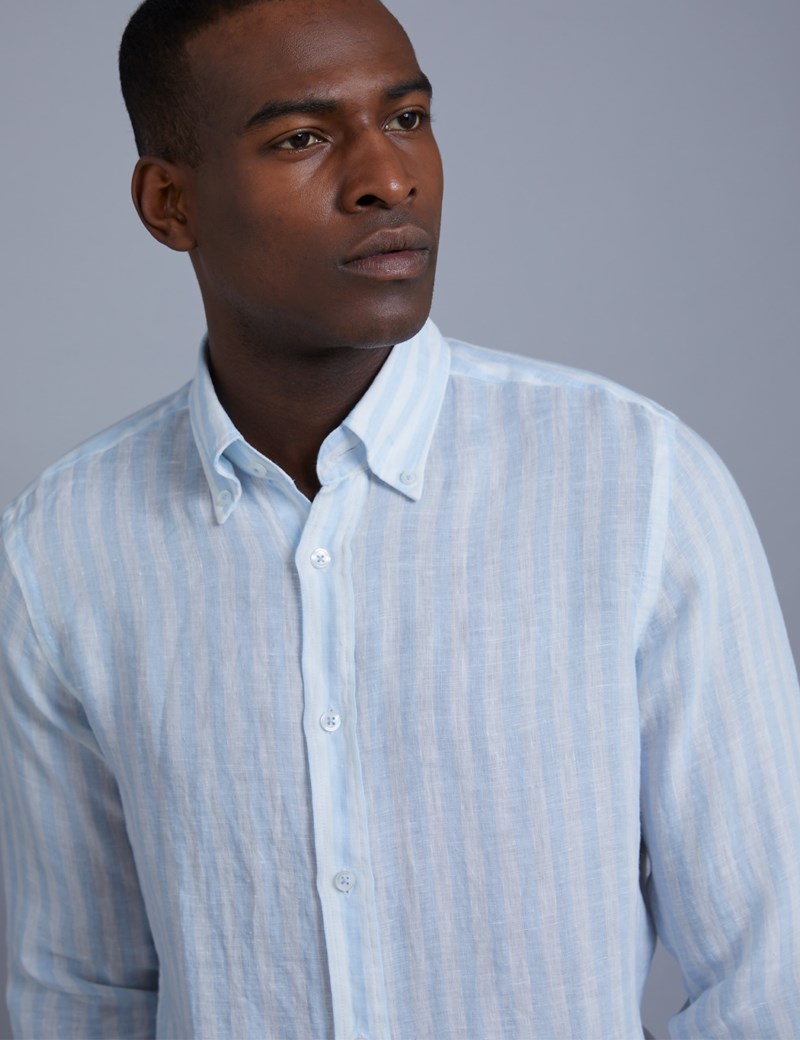 Men's Blue and White Stripe Slim Fit Linen Shirt - Single Cuff | Hawes ...