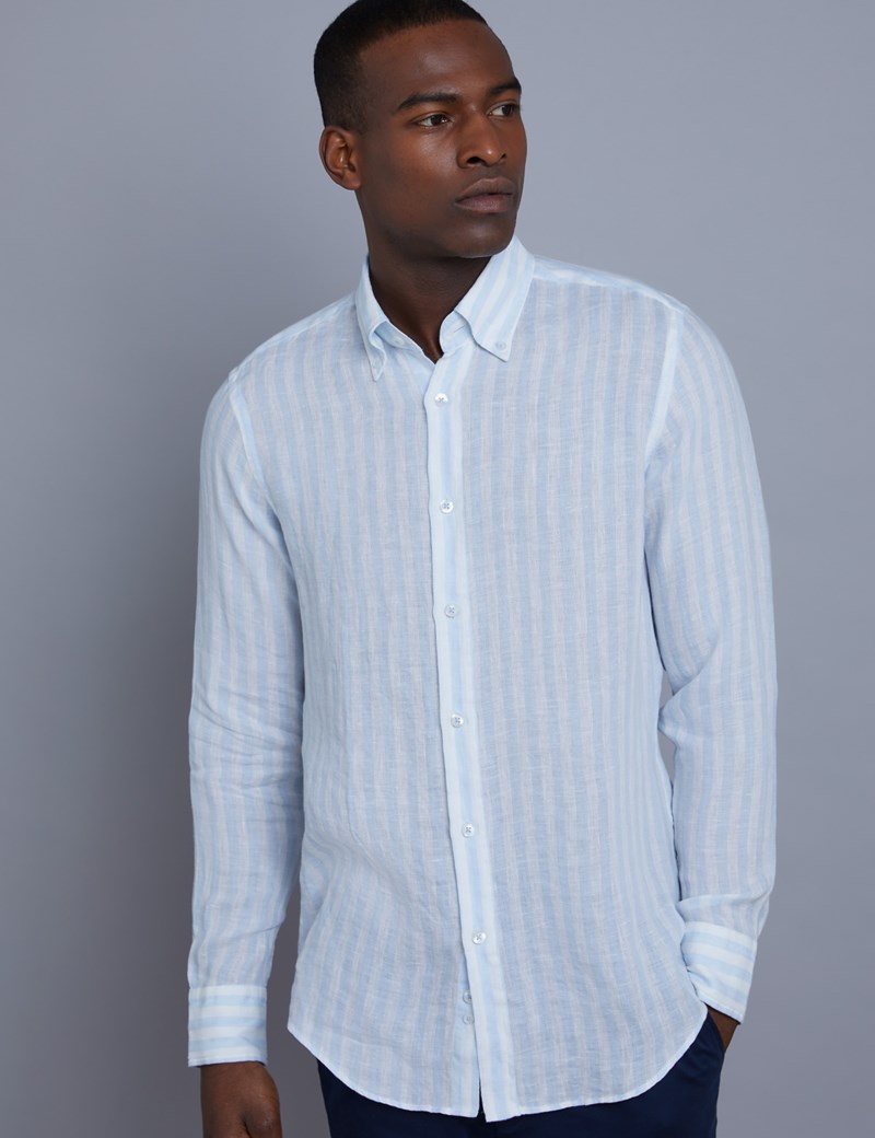 Men's Blue and White Stripe Slim Fit Linen Shirt - Single Cuff | Hawes ...