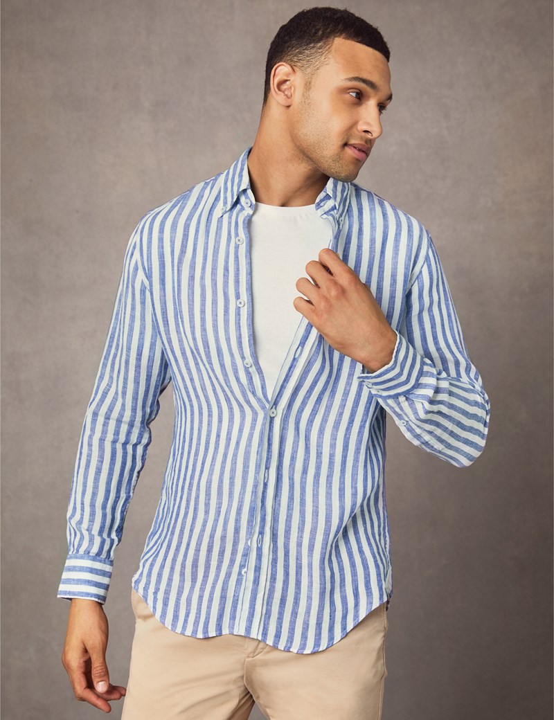 Men's Navy & White Stripe Slim Fit Linen Shirt - Single Cuff | Hawes ...