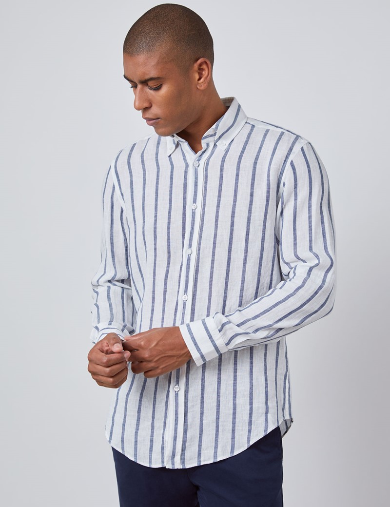 Men's White & Navy Stripe Slim Fit Linen Shirt - Single Cuff | Hawes ...