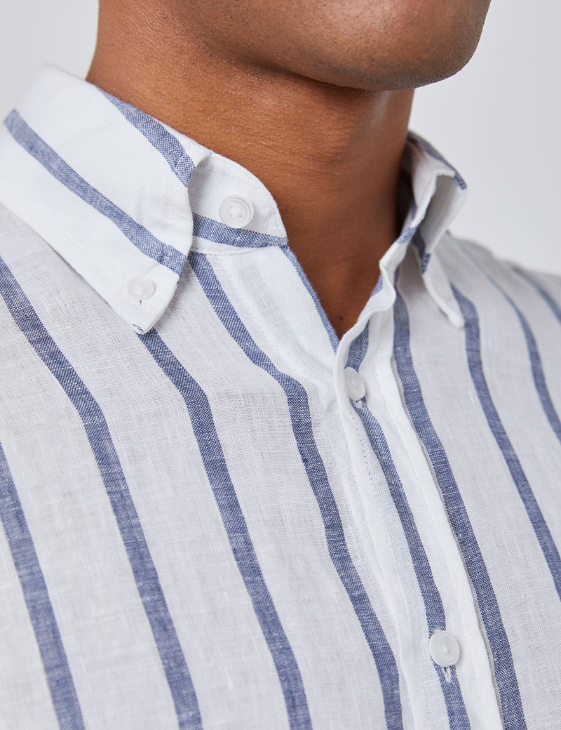 Men's White & Navy Stripe Slim Fit Linen Shirt - Single Cuff | Hawes ...