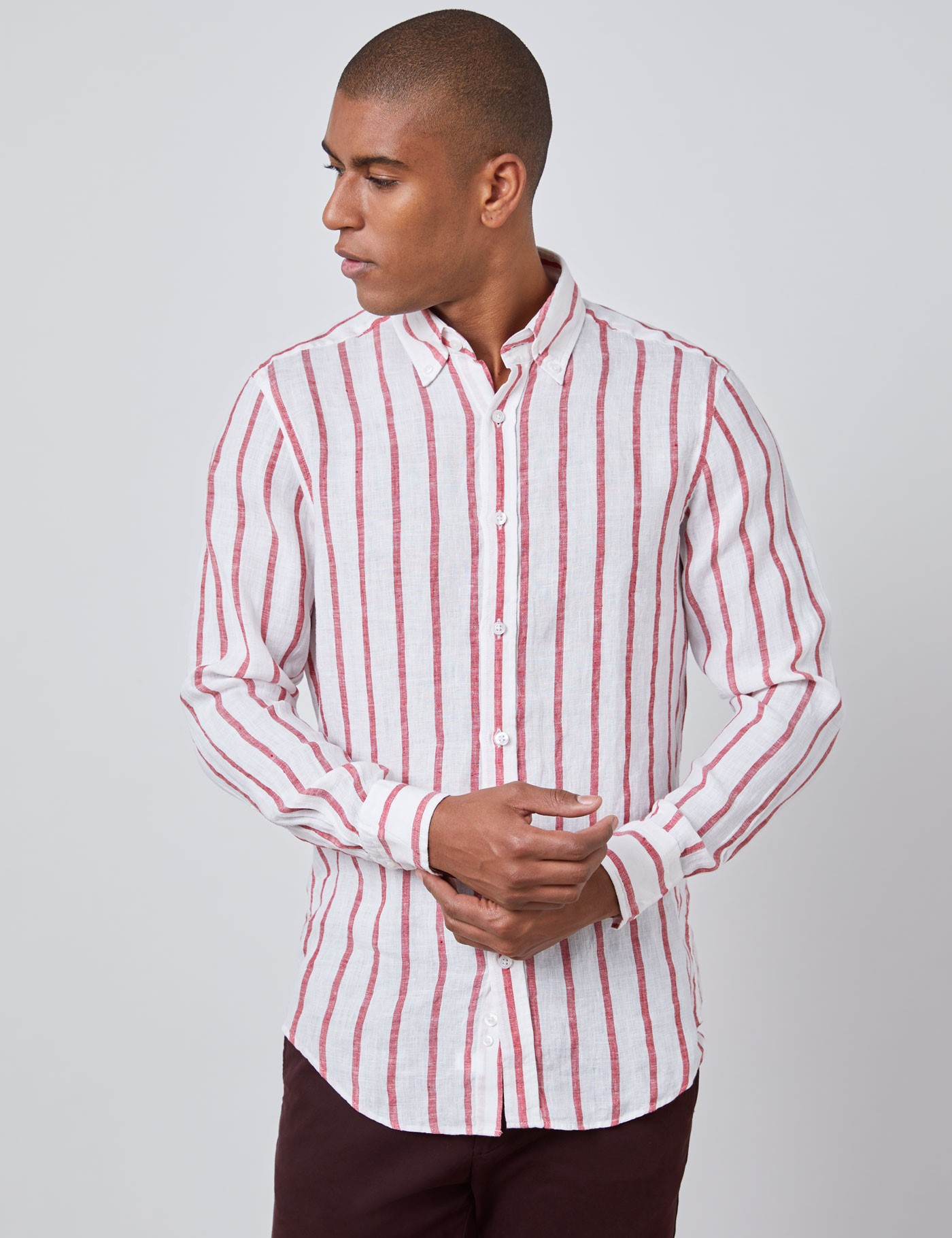 Men's White & Red Stripe Slim Fit Linen Shirt - Single Cuff | Hawes ...