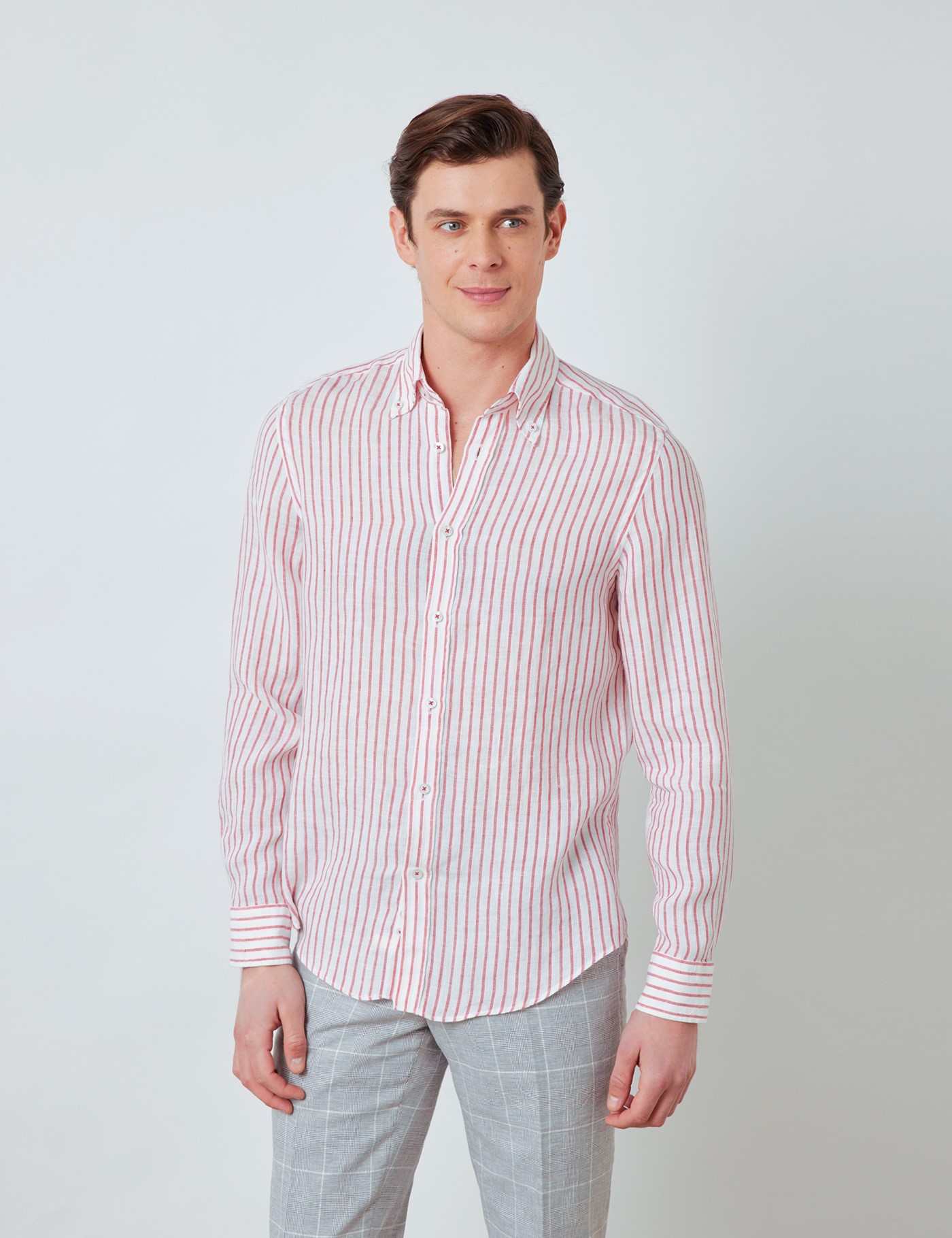 Linen Stripe Relaxed Slim Fit Shirt with Button Down Collar and Single ...