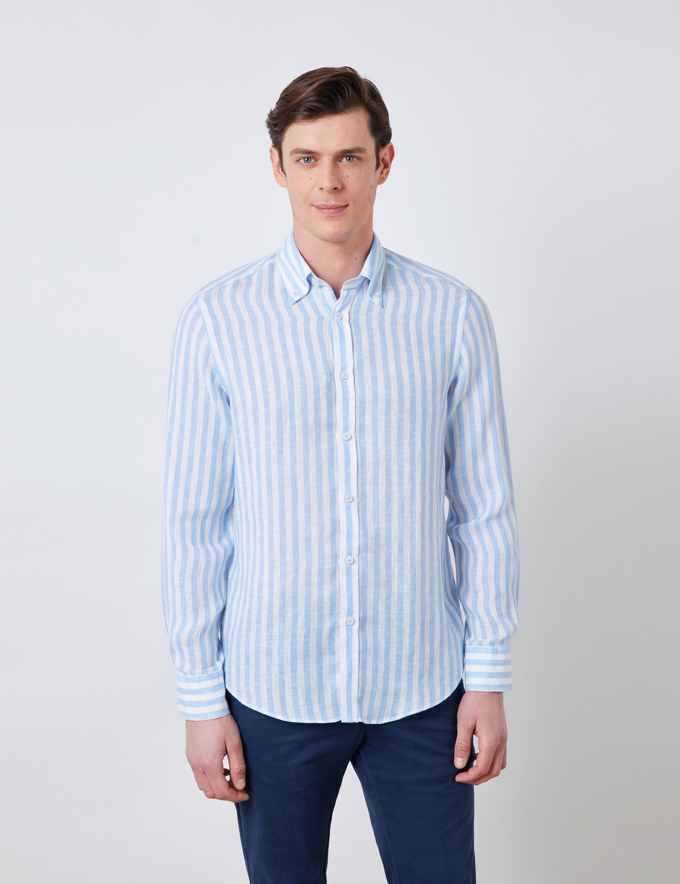 Linen Stripe Relaxed Slim Fit Shirt with Button Down Collar and Single ...