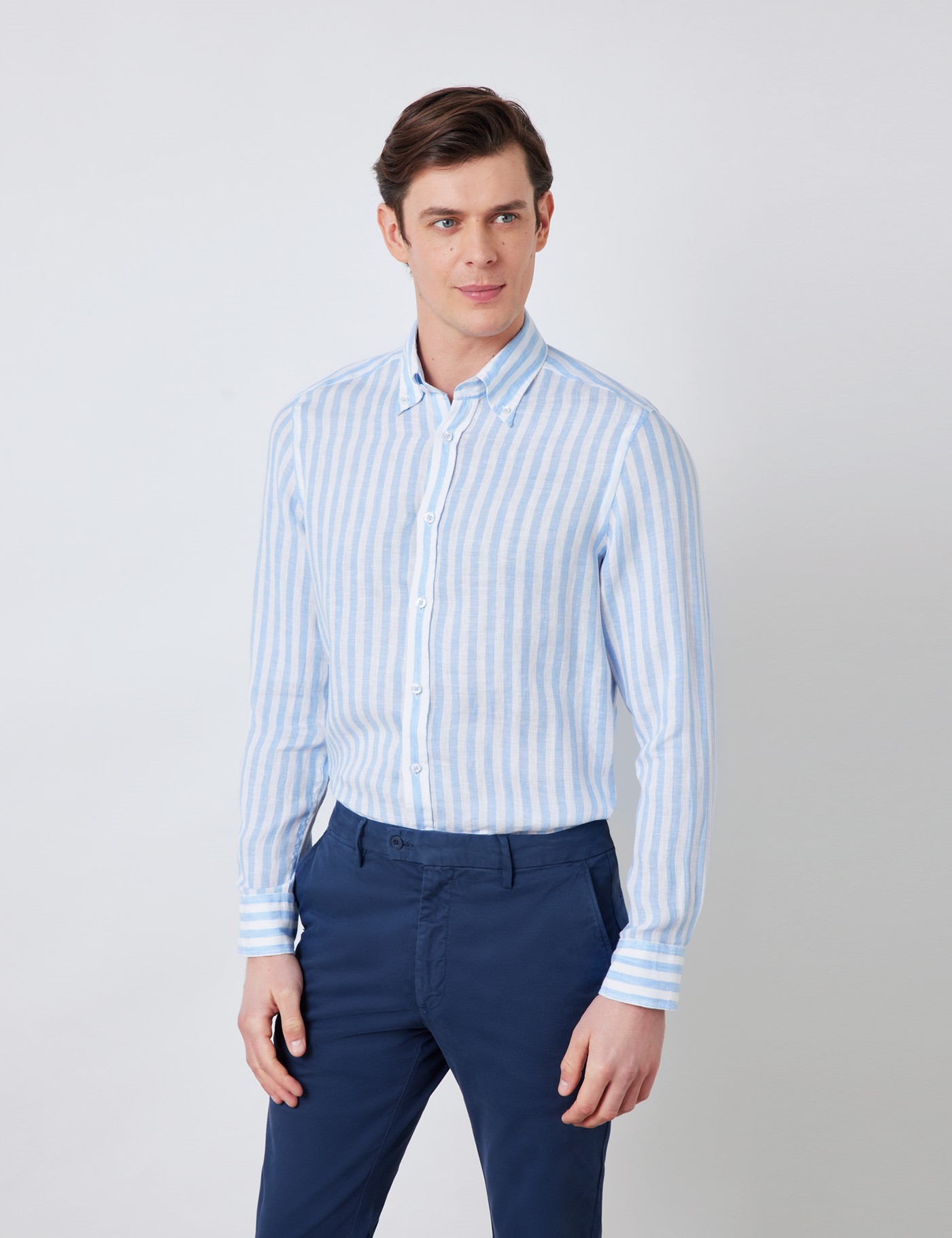 Linen Stripe Relaxed Slim Fit Shirt with Button Down Collar and Single ...