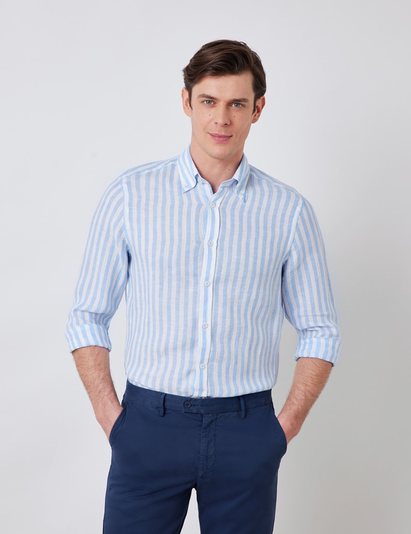 Linen Stripe Relaxed Slim Fit Shirt with Button Down Collar and Single ...