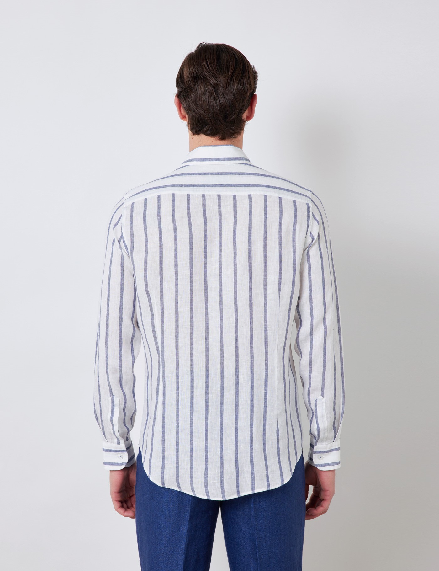 Linen Stripe Relaxed Slim Fit Shirt with Full Cutaway Collar and Single ...