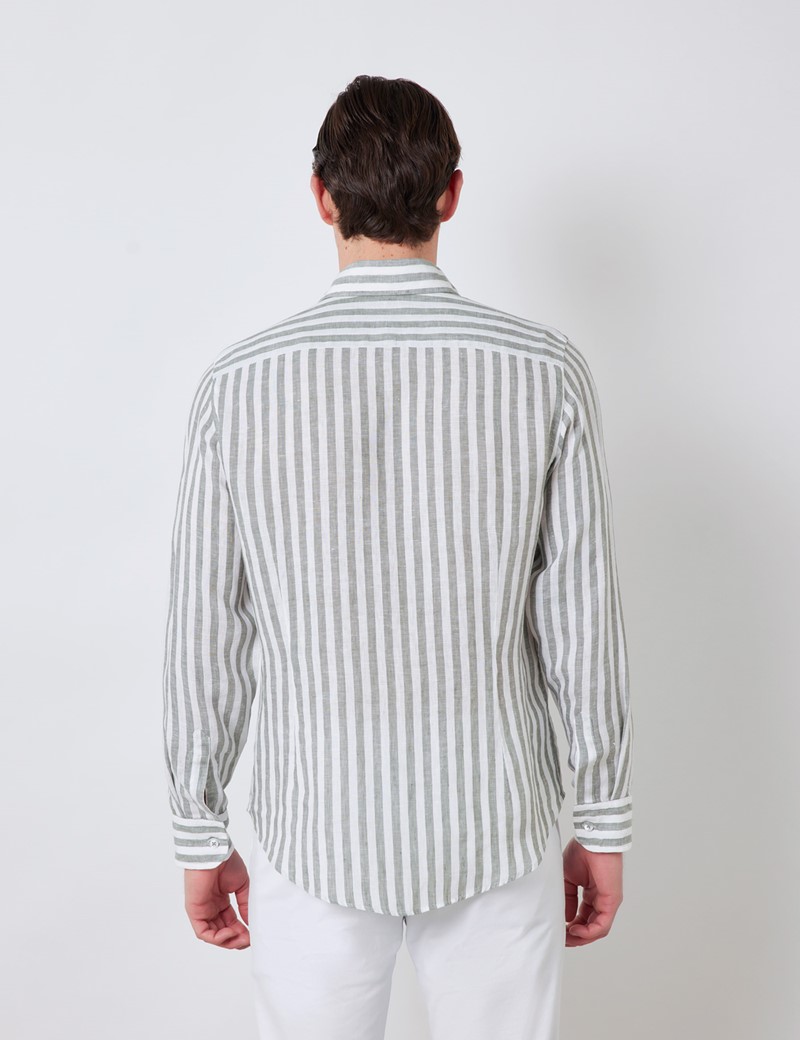 Linen Stripe Relaxed Slim Fit Shirt with Full Cutaway Collar and Single ...