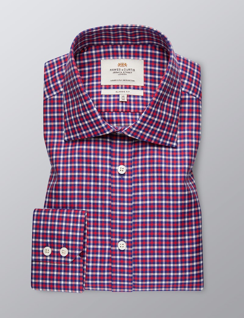Men's Business Red & Navy Country Check Classic Fit Shirt - Single Cuff - Easy Iron