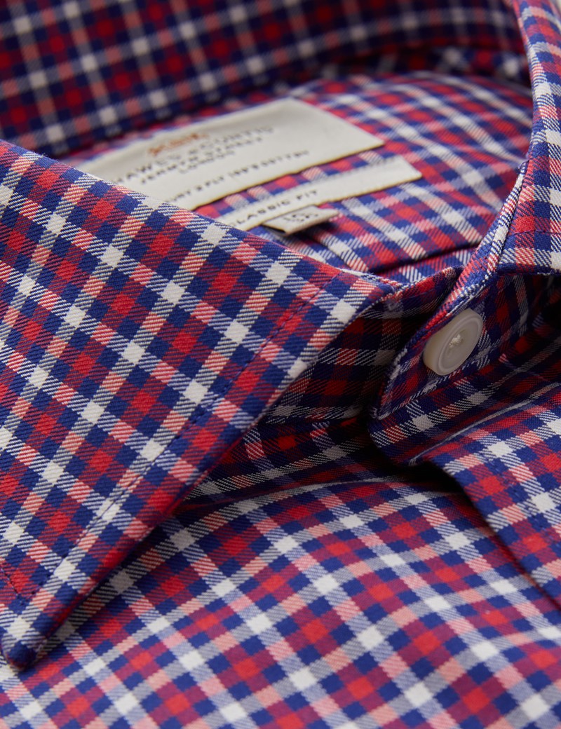 Men's Business Red & Navy Country Check Classic Fit Shirt - Single Cuff - Easy Iron
