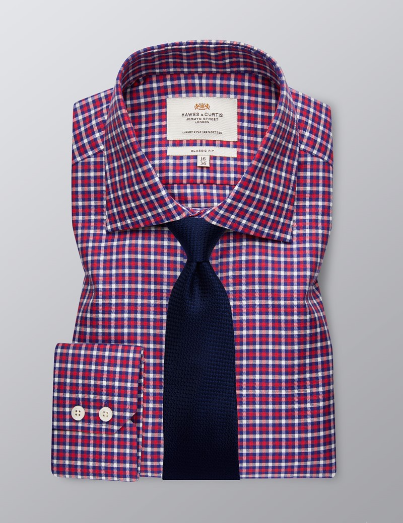 Men's Business Red & Navy Country Check Classic Fit Shirt - Single Cuff - Easy Iron