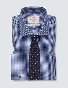 Non Iron Navy & White Gingham Check Classic Fit Shirt With Windsor Collar - Double Cuffs