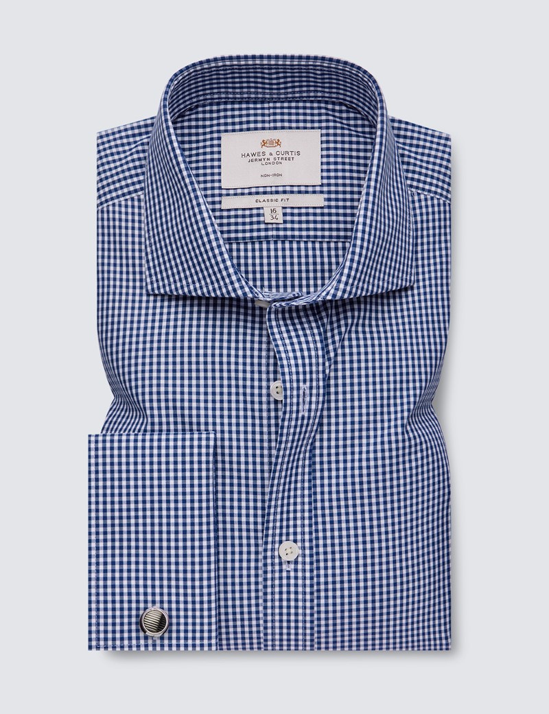 Non Iron Navy & White Gingham Check Classic Fit Shirt With Windsor Collar - Double Cuffs