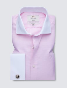 Non Iron Pink & White Dogstooth Classic Fit Shirt with White Collar and Cuffs