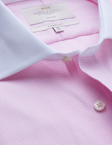 Non Iron Pink & White Dogstooth Classic Fit Shirt with White Collar and Cuffs