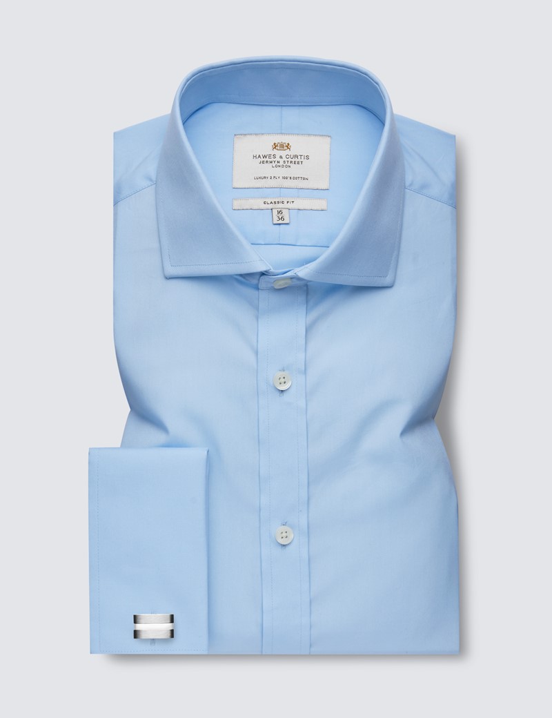Men's Formal Blue Poplin Classic Fit Shirt - Windsor Collar - Double Cuff - Easy Iron