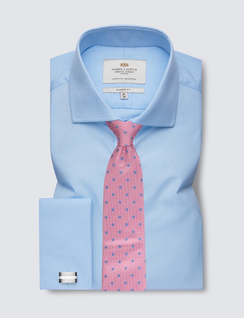 Men's Dress Blue Poplin Classic Fit Shirt - Windsor Collar - French Cuff - Easy Iron