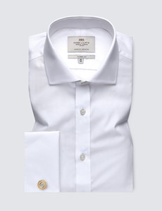 Men's  White Poplin Classic Fit Business Shirt - Windsor Collar - Double Cuff - Easy Iron
