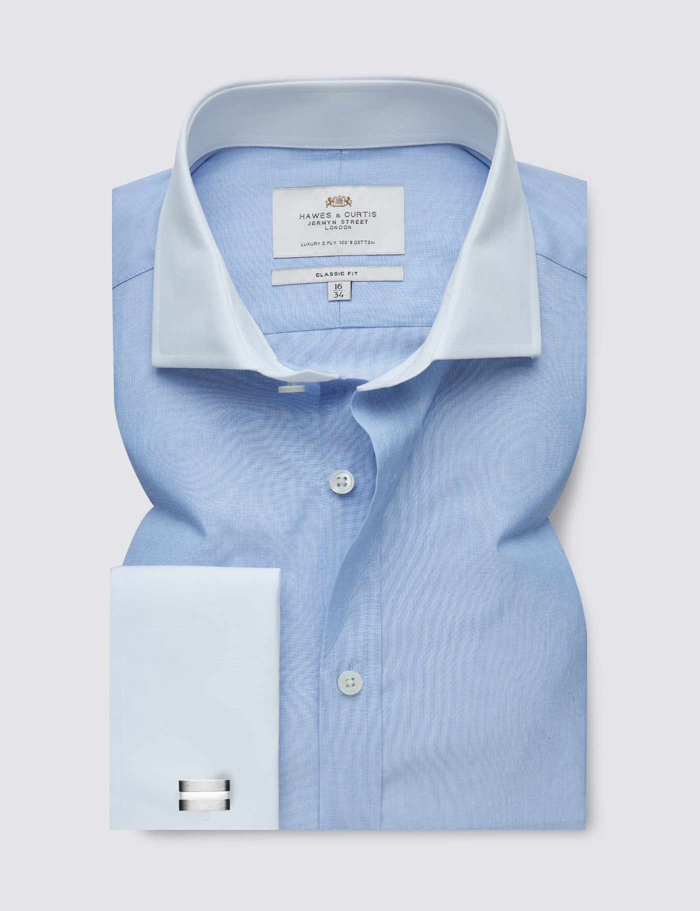 Blue & White End on End Classic Fit Shirt With White Collar and