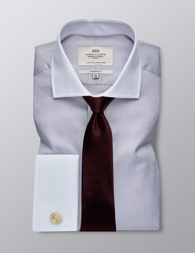Men's Formal Grey Fine Twill Classic Fit Shirt - Double Cuff - Windsor ...