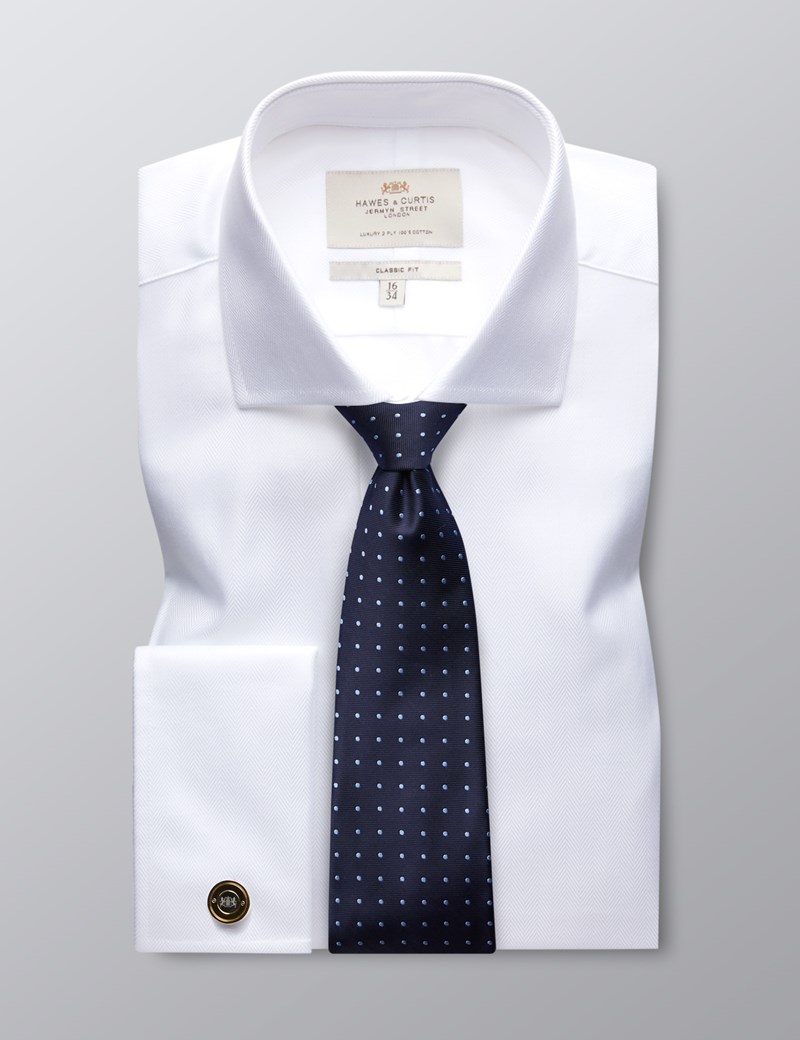 Men's Formal White Herringbone Classic Fit Shirt - Double Cuff ...