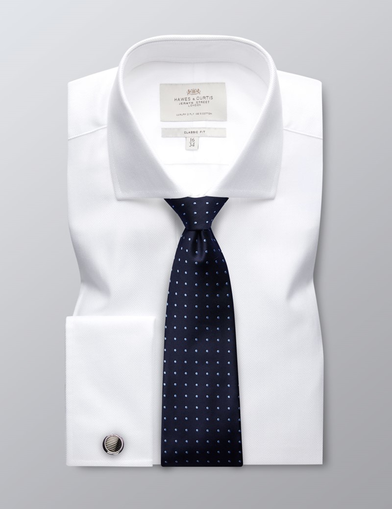 Men's Formal White Herringbone Classic Fit Shirt - Double Cuff ...