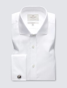 Men's Business White Herringbone Classic Fit Shirt - Windsor Collar - Double Cuff - Easy Iron