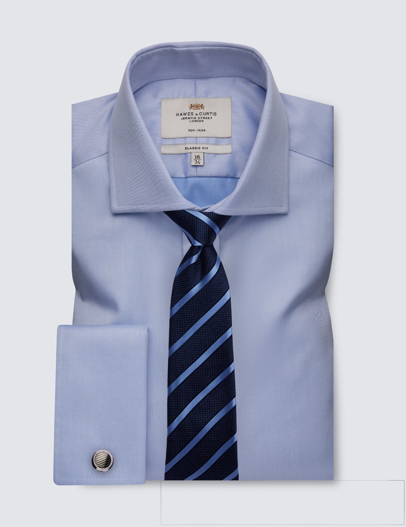 Men's Business Blue Twill Classic Fit Shirt with Windsor Collar and Double Cuffs - Non Iron