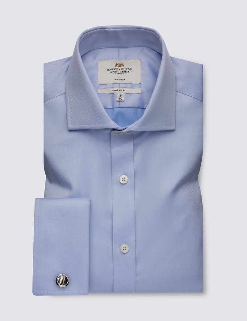 Men's Formal Blue Twill Classic Fit Shirt with Windsor Collar and Double Cuffs - Non Iron