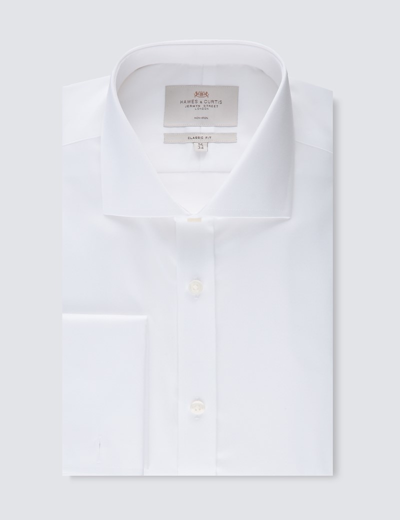 Non Iron Men's White Twill Classic Fit Shirt With Windsor Collar - French Cuffs