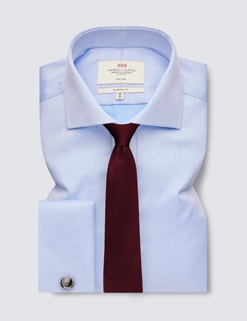 Non Iron Blue Pique Classic Fit Shirt with Windsor Collar - French Cuffs
