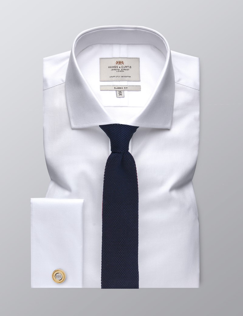 Men's Business White Pique Classic Fit Shirt - Double Cuff - Windsor Collar - Easy Iron