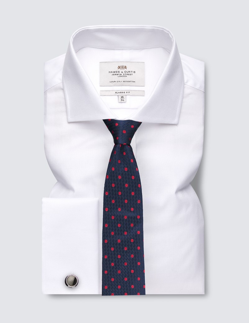 Easy Iron Oxford Weave White Classic Fit Shirt With Windsor Collar - Double Cuffs