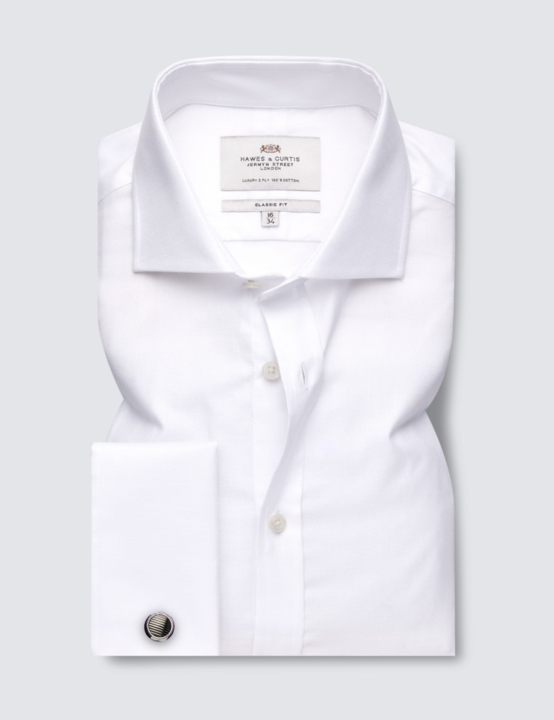 Easy Iron Oxford Weave White Classic Fit Shirt With Windsor Collar - Double Cuffs