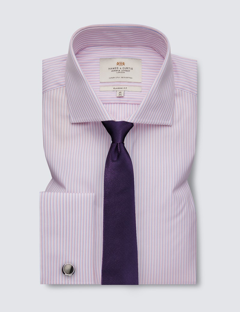 Easy Iron Pink & White Stripe Classic Fit Shirt With Windsor Collar - Double Cuffs